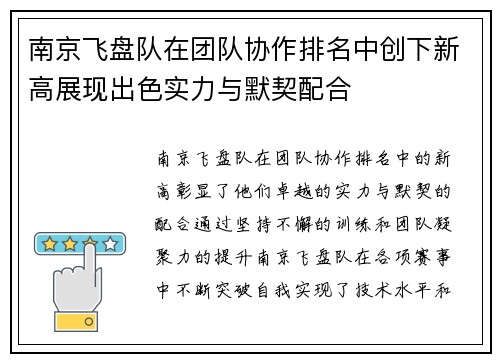 南京飞盘队在团队协作排名中创下新高展现出色实力与默契配合